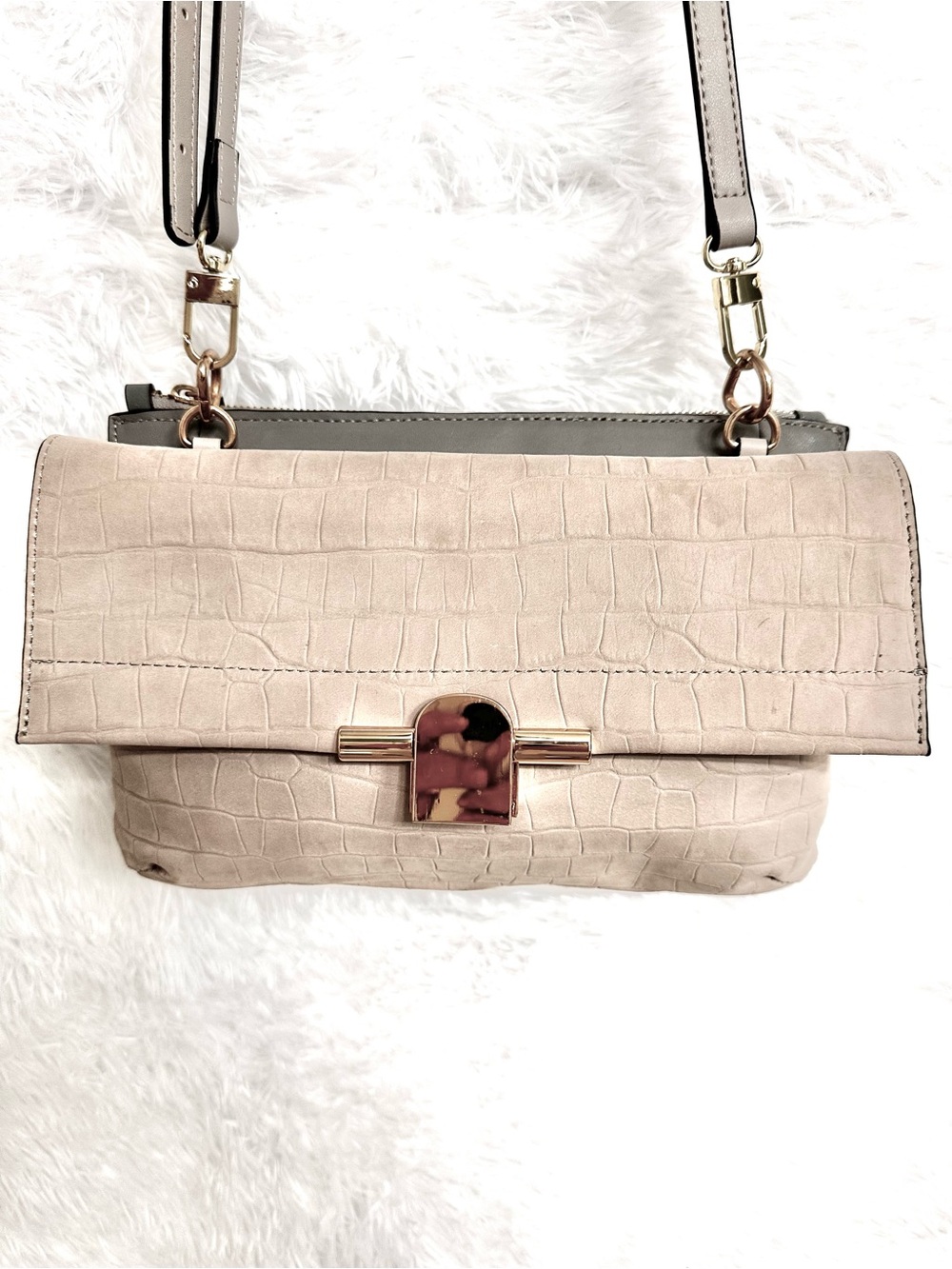 ANTONIO MELANI Taupe Croc-Embossed Crossbody with Gold Hardware
